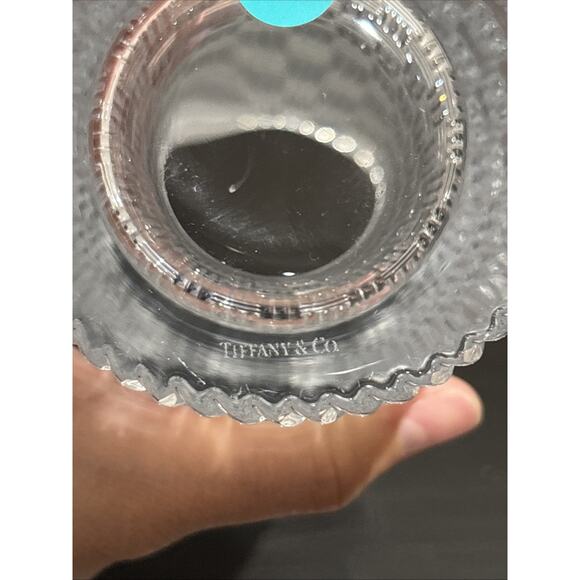 TIFFANY & CO Woven Basketweave Cylinder 8" Crystal Glass Vase Made In Germany - Picture 4 of 5